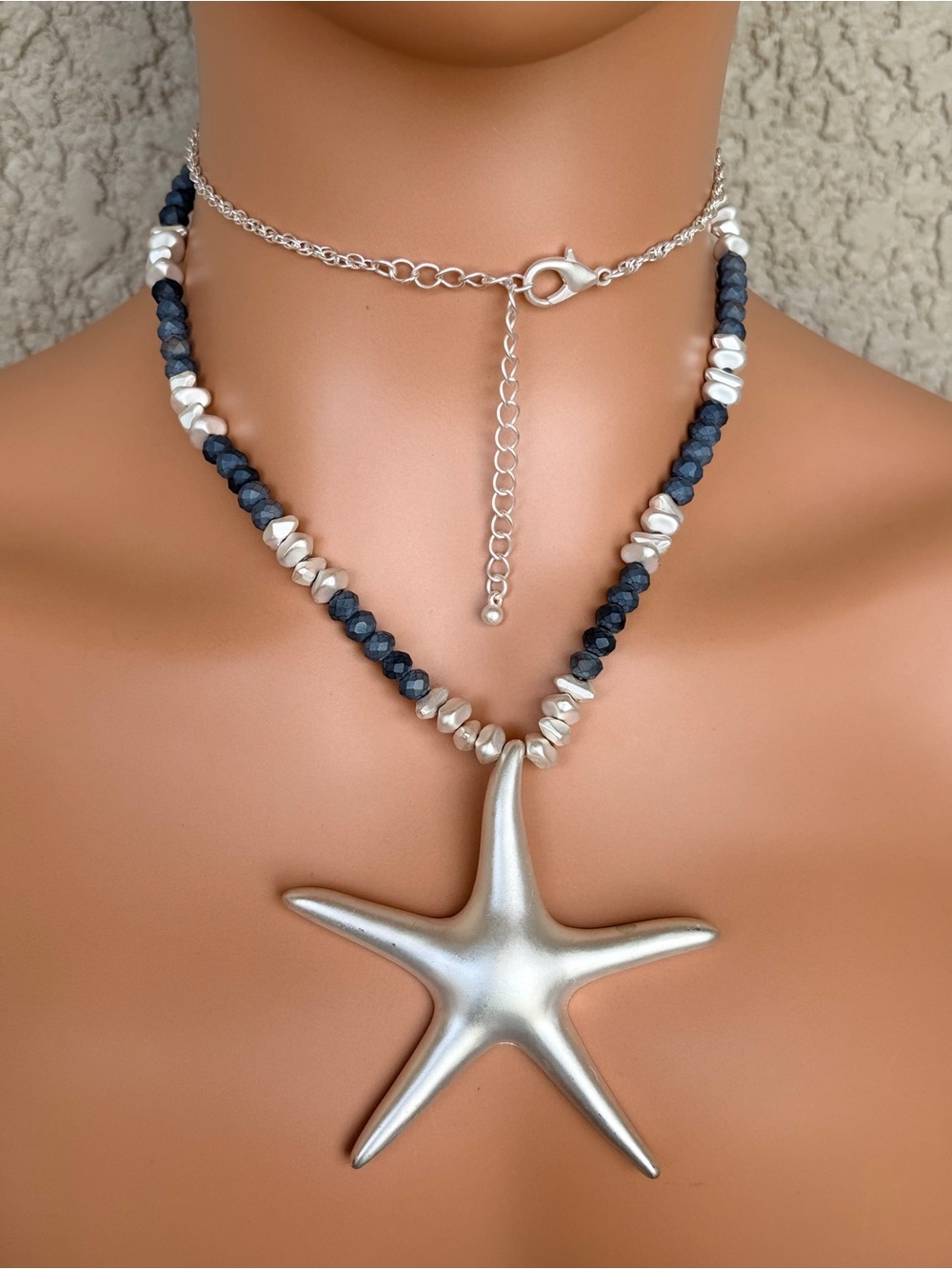 Beach Vibes Silver Starfish Pendant Necklace with Glass Faceted Beads